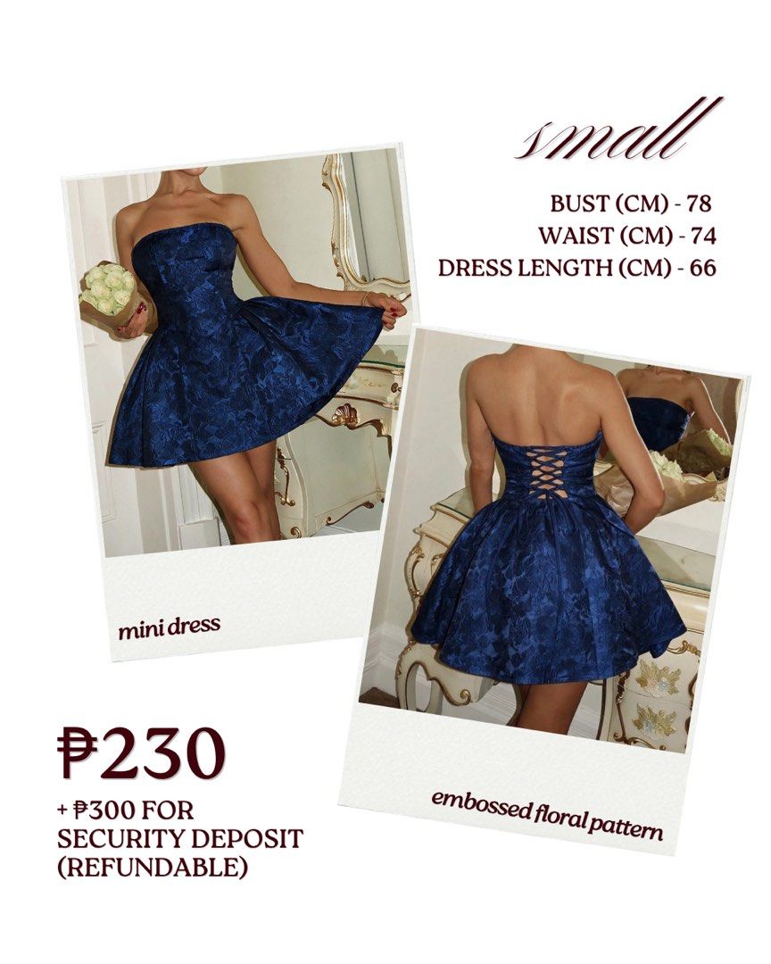 FOR RENT - Embossed Floral Pattern Mini Dress (Category: Dresses) located in Santa Rosa. Submitted by anvea.ph (Listing ID 1470629862, Image 2). Description: 𐙚 𝐃𝐑𝐄𝐒𝐒 𝐅𝐎𝐑 𝐑𝐄𝐍𝐓 ♡ Looking for the perfect dress for your special occasion? Rent your dream dress at an affordable price! 🎀 RENTAL DETAILS - Rental period: 3 days - Payment: Through GCash - Security deposit: ₱300 (refundable upon return, provided the dress is returned in good c
