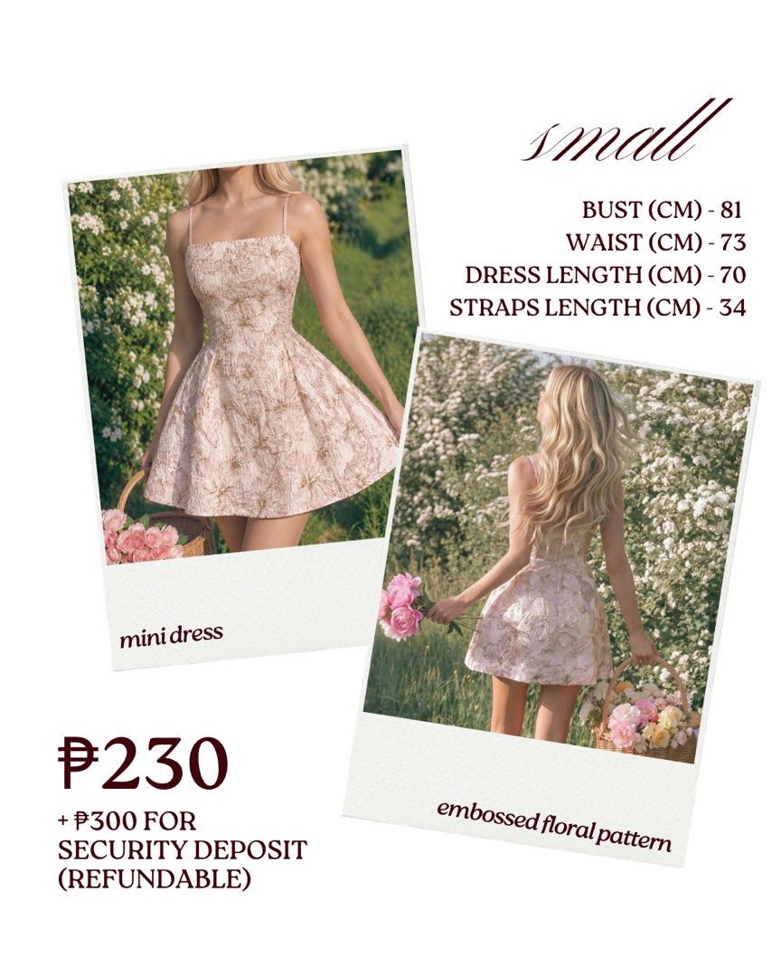 FOR RENT - Pink Embossed Floral Pattern Mini Dress (Category: Dresses) located in Santa Rosa. Submitted by anvea.ph (Listing ID 1470630734, Image 2). Description: 𐙚 𝐃𝐑𝐄𝐒𝐒 𝐅𝐎𝐑 𝐑𝐄𝐍𝐓 ♡ Looking for the perfect dress for your special occasion? Rent your dream dress at an affordable price! 🎀 RENTAL DETAILS - Rental period: 3 days - Payment: Through GCash - Security deposit: ₱300 (refundable upon return, provided the dress is returned in g
