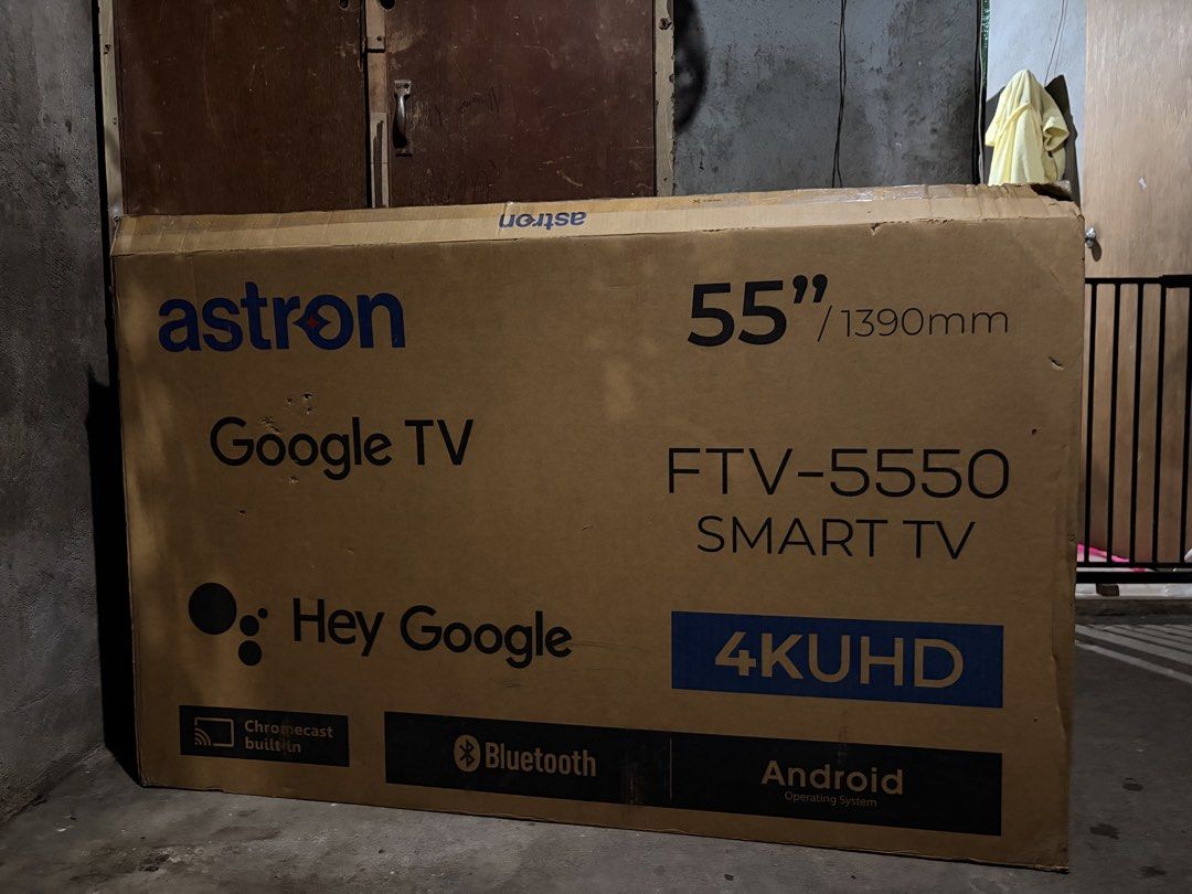 FOR SALE: ASTRON FTV5550 55” GOOGLE TV (Category: TV) located in Manila. Submitted by yannieboo_17 (Listing ID 1470693279, Image 2). Description: FOR SALE: Astron FTV5550 55” Google TV Price: 16,500 negotiable Inclusions: box and remote Display Size & Resolution: 55-inch 4K Ultra HD screen Operating System: Google TV / Android OS with Google Play Store access Smart Features: Built-in Chromecast, “Hey Google” voice control remote, and pre-installe