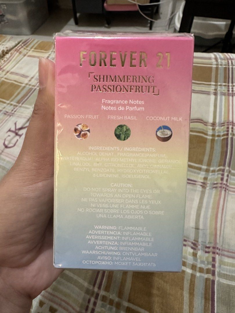 Forever 21 Shimmering Passionfruit Eau De Parfum 100ml (Category: Fragrance & Deodorants) located in Bugallon. Submitted by lavenderlane (Listing ID 1470617259, Image 2). Description: - Brand: Forever 21 - Fragrance: Shimmering Passionfruit - Volume: 3.4 fl oz / 100 mL - Notes: Passion fruit, fresh basil, coconut milk - Condition: Brand new, still wrapped in original plastic packaging.