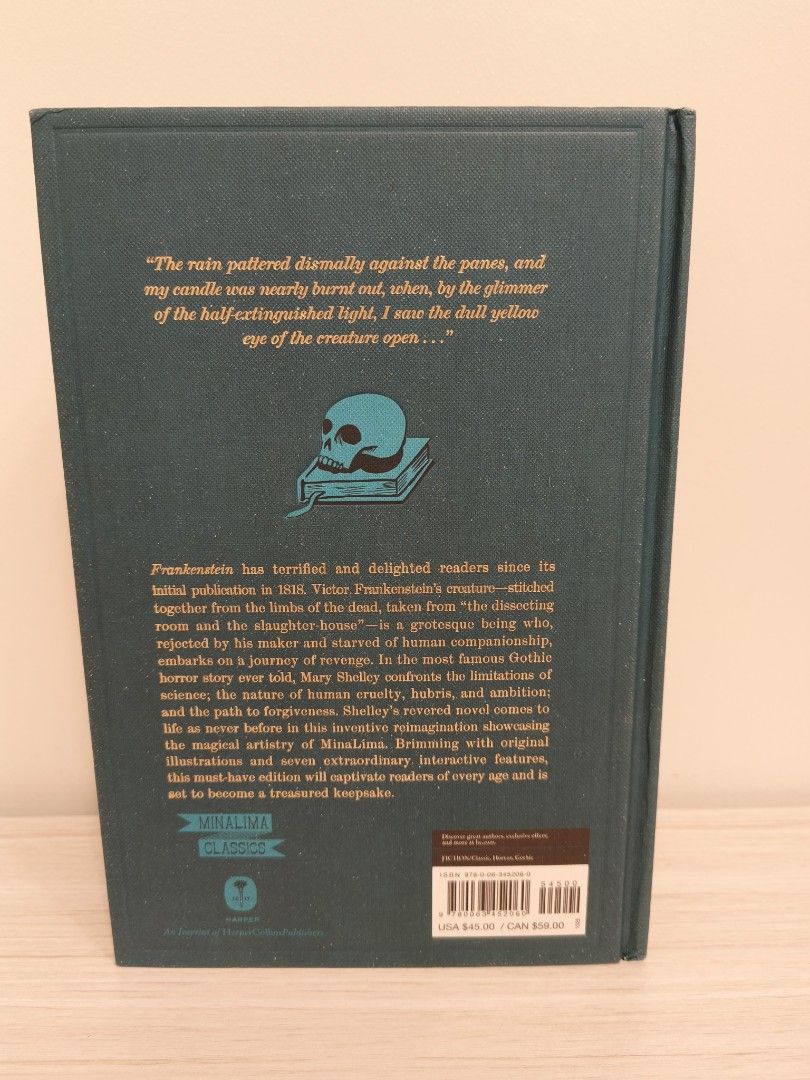 Frankenstein MinaLima Hardcover (Category: Storybooks) located in Pasay City. Submitted by chi_bao (Listing ID 1470557620, Image 3). Description: - Title: Frankenstein by Mary Shelley - Edition: MinaLima Classics Hardcover (Published by Harper) - Features: Stunning original illustrations and 7 interactive elements - Condition: Clean pages, crisp cover, excellent condition.