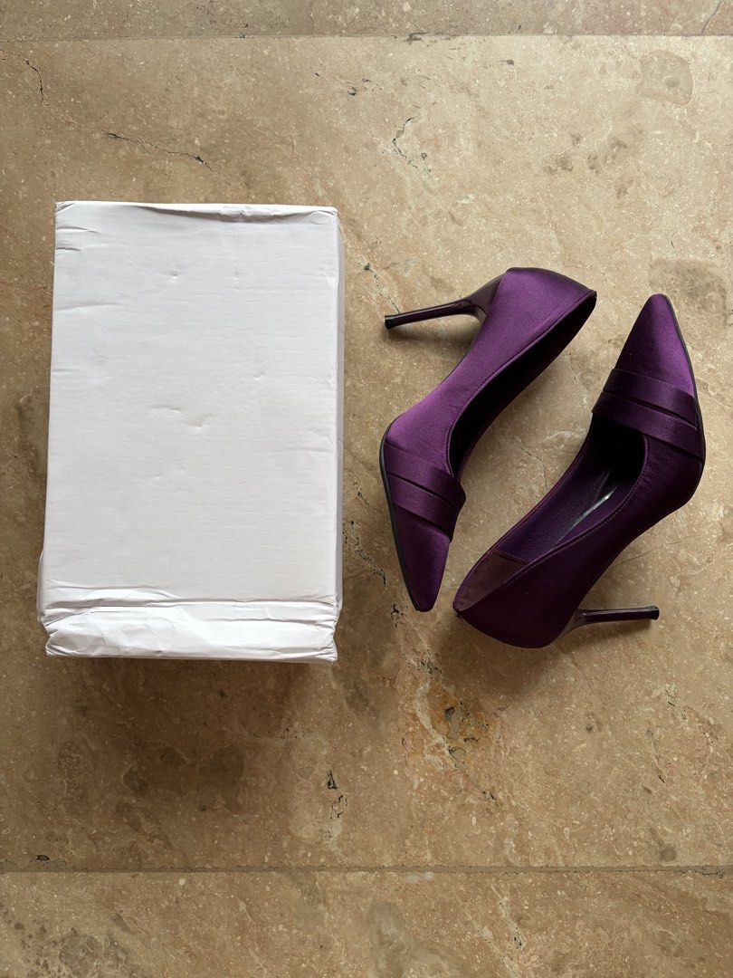 French Style Satin Heels, Violet (Category: Heels) located in Quezon City. Submitted by tidyup.lara (Listing ID 1470559119, Image 1). Description: New, unused, in original packaging Size 37 Originally bought online for PHP 689.