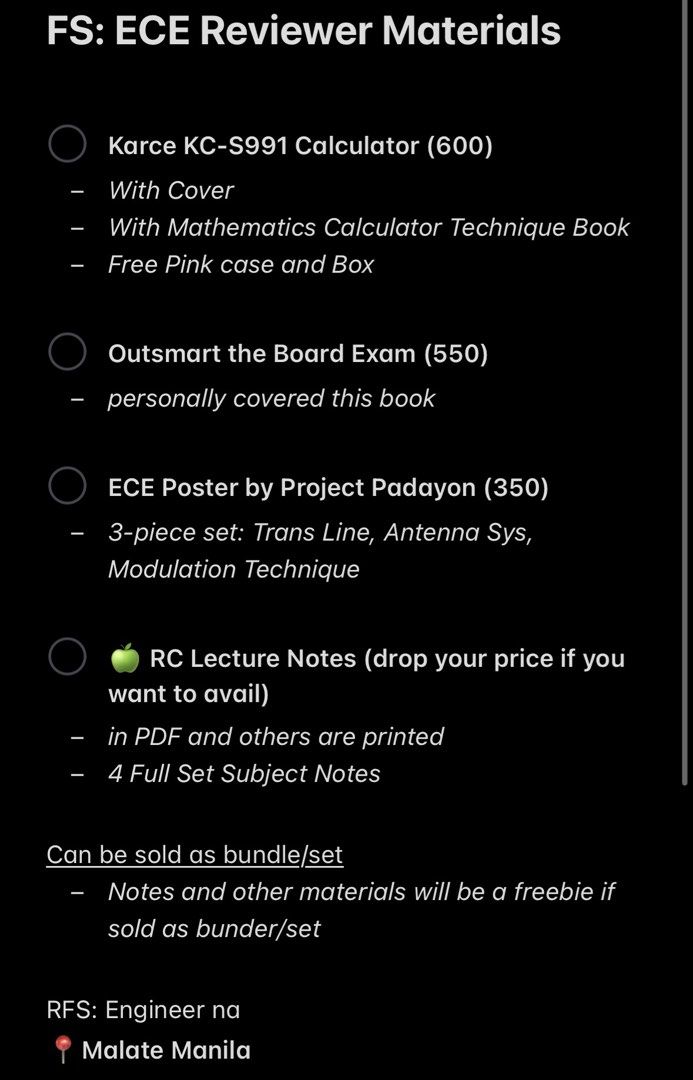 FS: ECE Reviewer Materials Calculator Books Posters Notes (Category: Textbooks) located in Manila. Submitted by thricia (Listing ID 1470613722, Image 1). Description: - Item: ECE Board Exam Reviewer Materials & Calculator - RFS: Engineer na! - Location: Malate, Manila - Karce KC-S991 Calculator (with cover, pink case, mathematics technique book, and box): 600 PHP - 'Outsmart the Board Exam' (personally covered): 550 PHP - Project Padayon ECE Post
