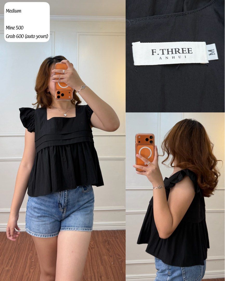 f.three Anhui Black Square Neck Ruffle Sleeve Blouse (Category: Blouses) located in Manila. Submitted by angelll0123 (Listing ID 1470678876, Image 1). Description: - Brand/Model: F.THREE Anhui - Size: Medium - Color: Black - Design: Square neckline with ruffle shoulder sleeves and layered pleated front detail - Silhouette: Flowy babydoll hem - Material: Lightweight fabric - Styling Tip: Pairs easily with denim shorts for a casual look.