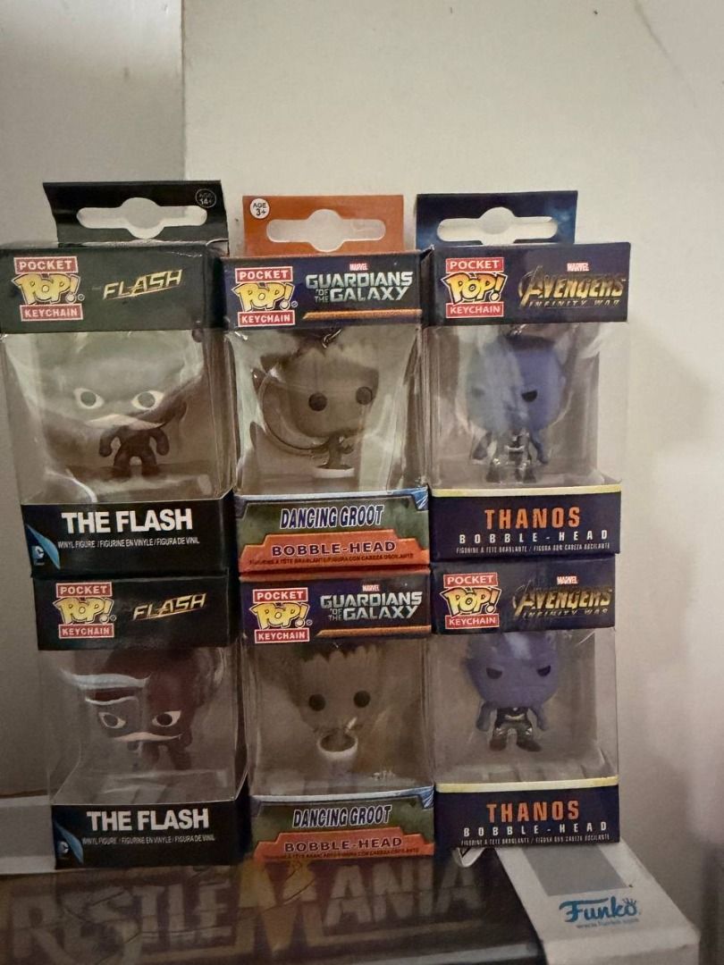 Funko Pocket Pop Keychain Marvel DC Figures (Category: Western Merchandise) located in Caloocan City. Submitted by silentdragon_931b8a (Listing ID 1470643034, Image 1). Description: - Lot of 6 Funko Pocket Pop keychains and bobble-head figures - Includes The Flash, Dancing Groot, and Thanos from Avengers Infinity War (2 boxes per character) - Boxes have minor shelf wear - Great collectible items for Marvel and DC fans - Perfect for gifts or perso