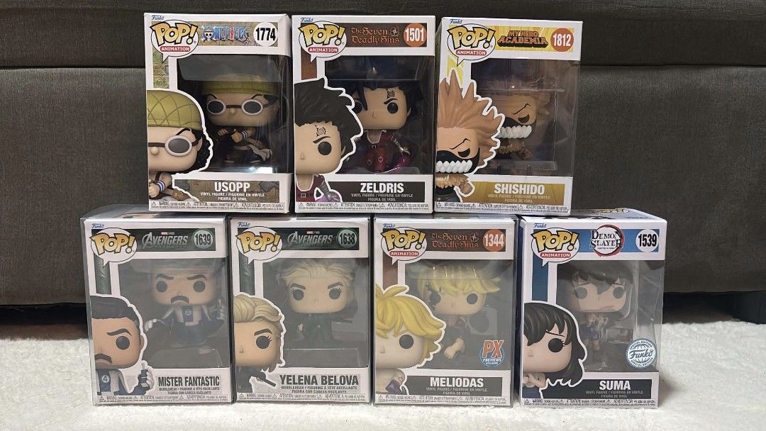 Funko Pop Animation Marvel One Piece Figures (Category: Figurines & Statues) located in Cainta. Submitted by mrkjsnm (Listing ID 1470691672, Image 1). Description: - Lot of 7 authentic Funko Pop figures - Includes: Usopp 349 php Zeldris 399 php Shishido 299 php Mister Fantastic 799 php Yelena Belova 949 php Meliodas 699 php Suma 349 php - Well-maintained and clean collection - Perfect for anime and Marvel fans - Meetup or shipping options availab