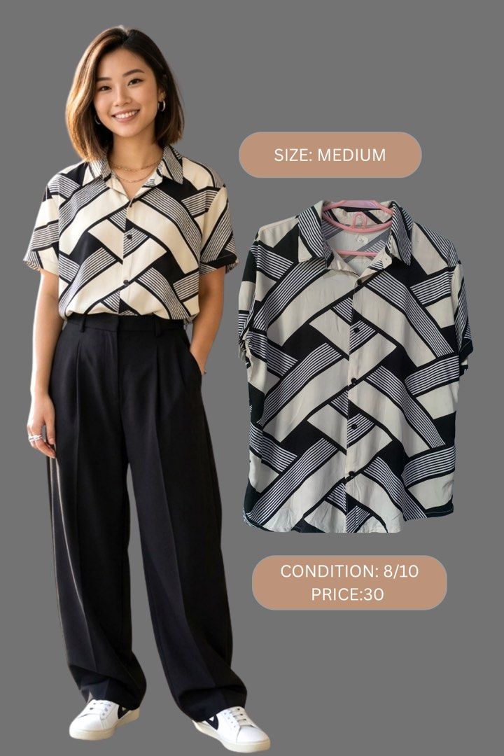 Geometric Black and White Button Down Top (Category: Others Tops) located in Camalig. Submitted by ryrilim (Listing ID 1470568312, Image 1). Description: .