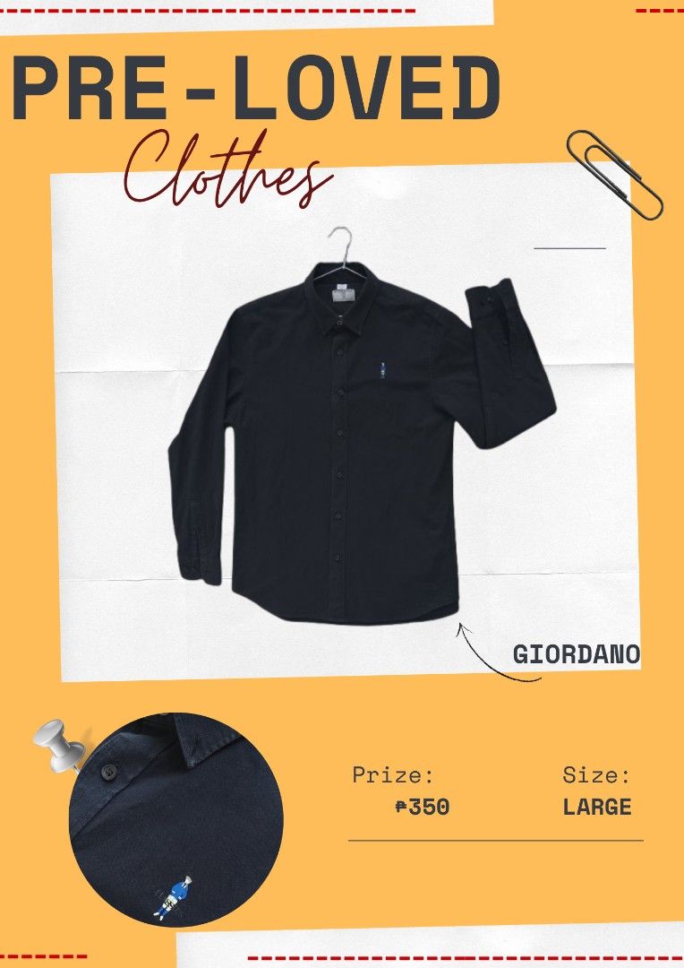 Giordano Black Long Sleeve Button Down Shirt Large (Category: Formal Shirts) located in Manila. Submitted by andwiyaa (Listing ID 1470559160, Image 1). Description: - Brand: Giordano - Style: Long sleeve button-down shirt with classic collar and front button closure - Color: Solid black - Size: Large - Detail: Small embroidered logo on left chest - Condition: Pre-loved, clean, and ready to wear.