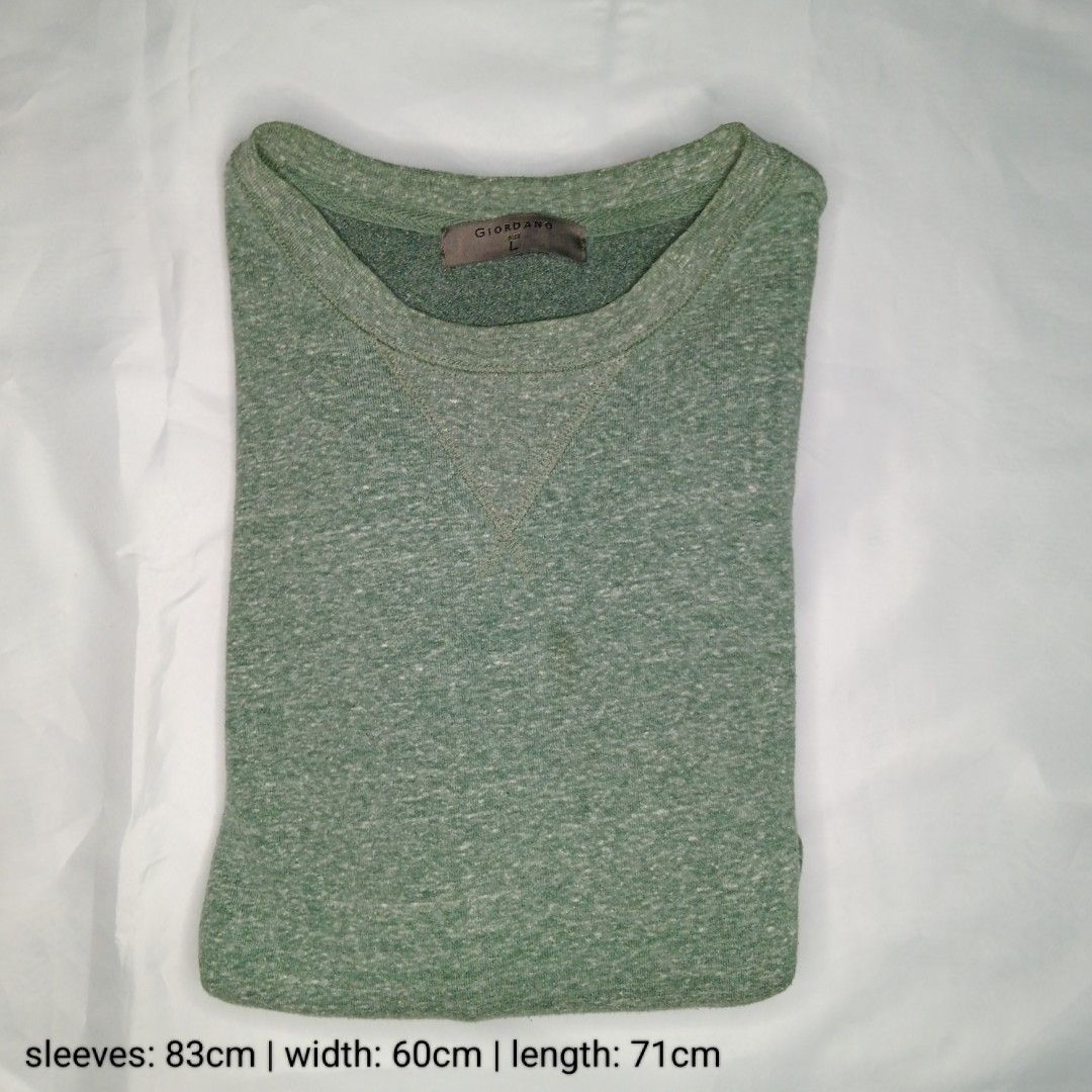 Giordano Green Crew Neck Sweatshirt Jacket (Category: Coats, Jackets and Outerwear) located in Guiguinto. Submitted by eyforalpha (Listing ID 1470734689, Image 3). Description: ✿ Large on tag sleeves: 83cm length: 60cm height: 71cm ~ ♡ Ready to wear. ♡ Colors may vary due to lighting. ♡ These are preloved items, so manage your expectations. ♡ Flaws will be stated. ♡ No cancellation of order and no rushing. ✿ HAPPY SHOPPING! ✿ - visit my profile f
