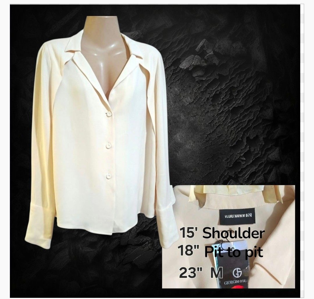 Giorgio Armani Long Sleeve Button Down Blouse (Category: Longsleeves) located in Paranaque City. Submitted by calm_youngstore7 (Listing ID 1470691626, Image 3). Description: - Brand: Giorgio Armani - Item: Cream Silk Blouse - Condition: Brand new with tags attached - Size: Medium - Design: Long sleeves with wide cuffs, front button closure, notched collar, and pleated back detail - Measurements: 15 inches shoulder, 18 inches pit-to-pit, 23 inches