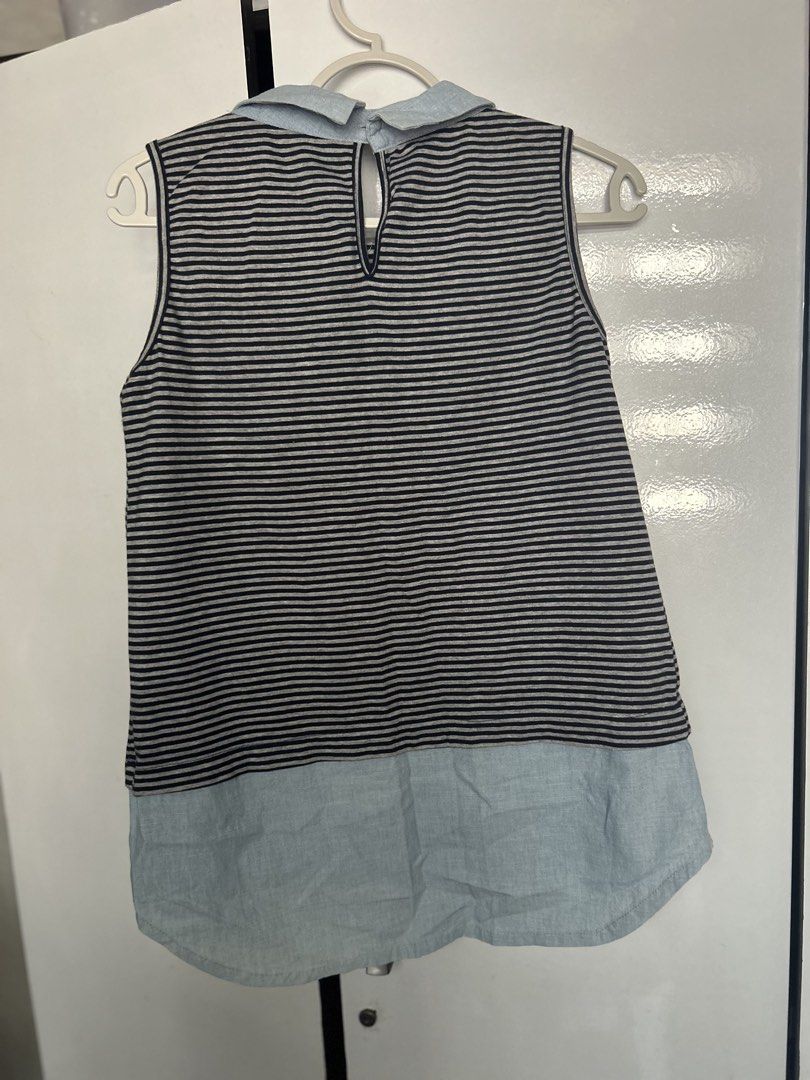 Great Expectations Striped Collared Sleeveless Top (Size M) (Category: Maternity wear) located in Pasig City. Submitted by ladyleslieisletavelarde4902 (Listing ID 1470579435, Image 2). Description: Casual layered sleeveless top featuring a navy blue & grey horizontal stripe pattern with a light chambray/denim-look collar and extended shirt hem line Fit: Regular Fit / Maternity-friendly. Size:Medium Purchase direct from store Shipping c/o buyer.