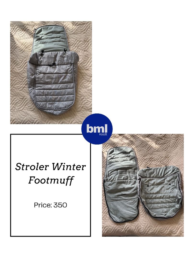Grey Stroller Winter Footmuff | BML Vault (Category: Strollers) located in Cebu City. Submitted by bml_vault (Listing ID 1470580789, Image 1). Description: - Color: Grey - Keeps baby warm and cozy during cold weather walks - Stylish quilted exterior with a soft fleece interior lining - Convenient zip-down front panel with toggle closure - Universal harness slots built into the back panel for safety - Versatile detachable top section that separate
