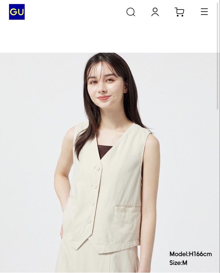GU Beige V-Neck Button-Up Vest (Category: Sleeveless) located in Cavite. Submitted by yakultjeni85475 (Listing ID 1470690838, Image 2). Description: - Brand: GU - Size: S (tag attached) - Color: Beige - Material: Lightweight linen-blend fabric - Design: V-neckline, front button closure, and two front pockets - Condition: Brand new with sealed spare button included - Styling: Versatile layering piece, easy to pair with skirts or trousers.