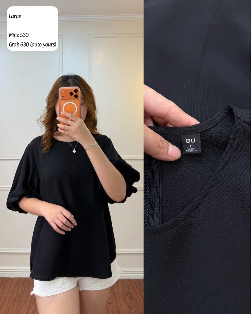 GU Black Puff Sleeve Top Size L (Category: Blouses) located in Manila. Submitted by angelll0123 (Listing ID 1470706341, Image 1). Description: - Brand: GU - Color: Black - Size: Large (Made in Indonesia) - Design: Simple round neckline with short, voluminous puff sleeves - Versatility: Easy to pair with shorts or skirts - Condition: Barely worn, clean fabric, and no flaws.