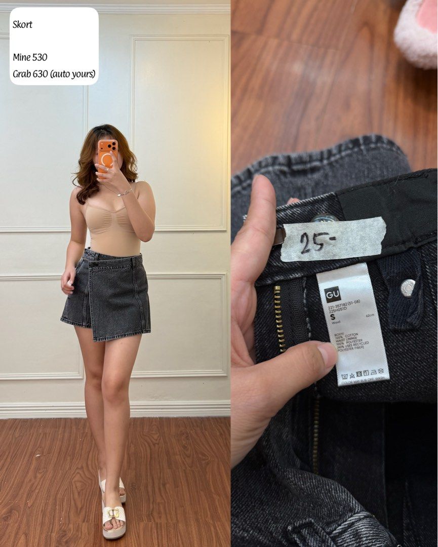 GU Denim Skort Size S Dark Grey (Category: Skirts) located in Manila. Submitted by angelll0123 (Listing ID 1470708257, Image 1). Description: - Brand: GU - Style: Dark grey denim skort with an asymmetric front flap and zipper closure - Size: S (Waist: 62cm) - Material: 100% cotton - Condition: Great piece for casual wear - Versatility: Easy to match with tanks, tees, and everyday tops.