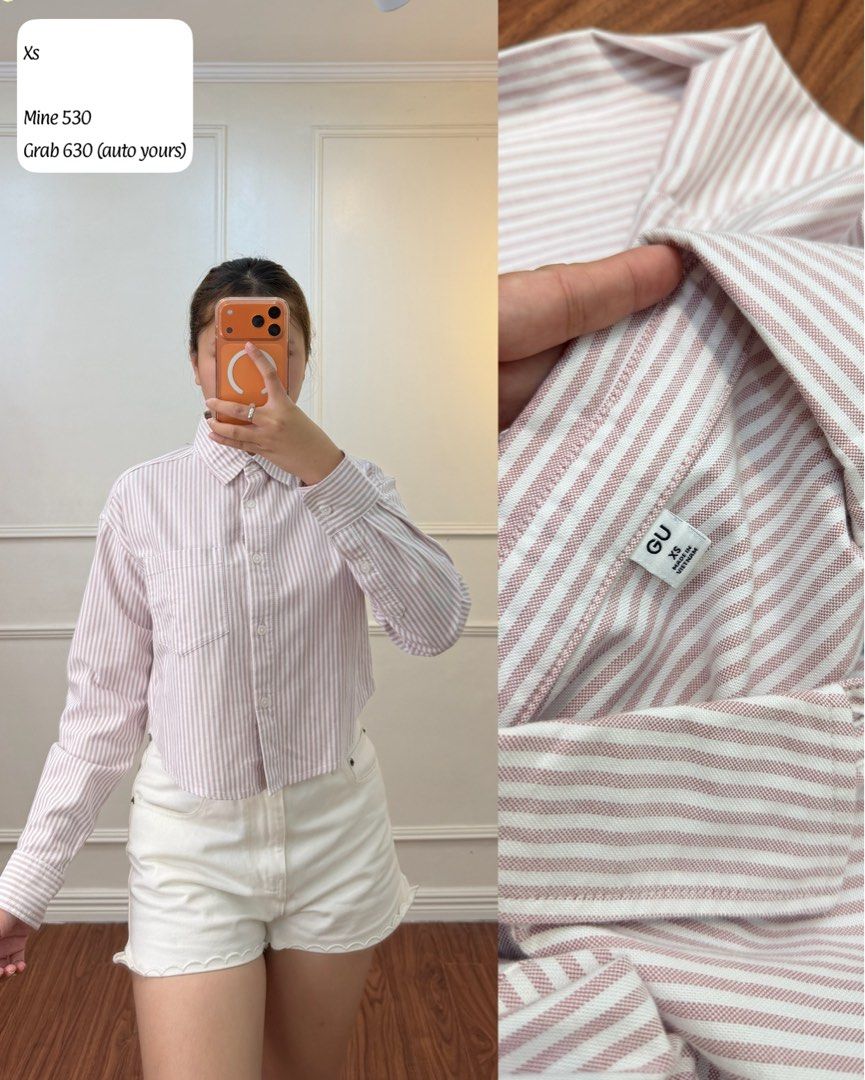 GU Pink Striped Button Down Shirt XS (Category: Shirts) located in Manila. Submitted by angelll0123 (Listing ID 1470699496, Image 1). Description: - Brand/Model: GU button-down shirt - Color/Pattern: Pink and white stripes - Size: XS - Features: Long sleeves, standard collar, single chest pocket, cropped hem - Material: Lightweight striped fabric (Made in Vietnam) - Styling: Perfect to pair with denim shorts or high-waist trousers.