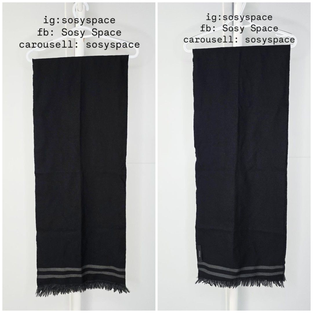 Gucci Black Scarf Wool (Category: Luxury Accessories) located in Lucena. Submitted by sosyspace (Listing ID 1470627231, Image 3). Description: G. U. C. C. I. 05B1P229 Black/Grey Reversible GG Scarf 100% Lana Wool 187 x 35cm Can be worn in winter, spring, fall, or even summer inside your car or when traveling or inside your cool offices or at during your windy beach night parties... not too thick but not to thin. Condition: PRELOVED Pristine condi