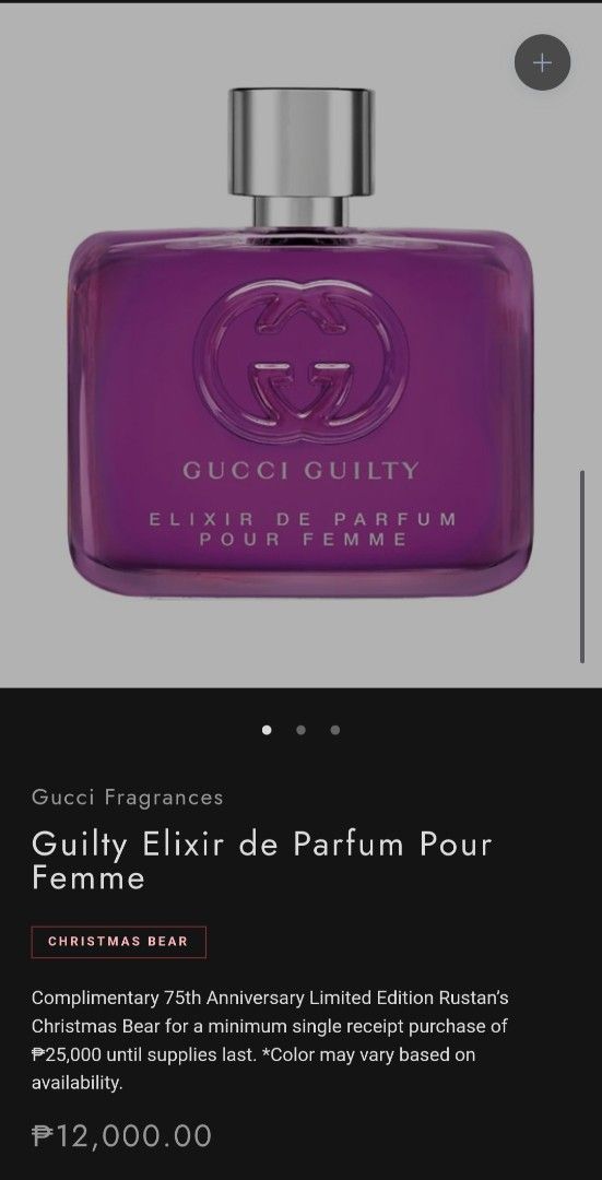 Gucci Guilty Elixir de Parfum Pour Femme 60ml (Category: Fragrance & Deodorants) located in Manila. Submitted by prelovedfindsxoxo (Listing ID 1470587576, Image 2). Description: - Authentic Gucci Guilty Elixir de Parfum Pour Femme - Volume: 60ml / 2.0 fl oz - Highly concentrated and long-lasting formula - Gorgeous purple glass bottle with matching purple box - Brand new and sealed packaging - Perfect as a gift or for personal use - Selling below 