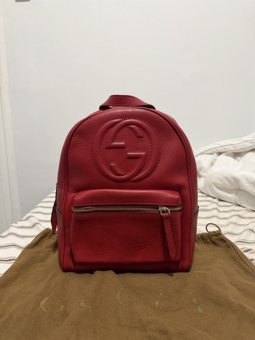 Gucci Soho Chain Leather Backpack in Red (Category: Luxury Bags & Wallets) located in Iloilo. Submitted by lorenzoivan (Listing ID 1470580106, Image 1). Description: PRELOVED: Gucci Soho Chain Leather Backpack in Red - ₱37,000 SRP: $1790 / ₱113,000 LEGIT/AUTHENTIC: w/ dustbag very good condition Flaws: little weak structure Asking for ₱37,000 (NEGOTIABLE) Pre-owned prices range from ₱40k-₱60k DM for more inquiries and more pics.