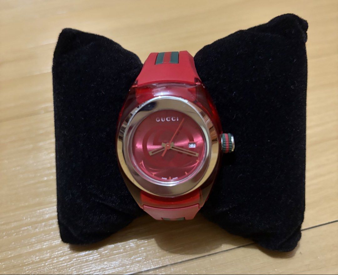 Gucci Sync Red Dial & Silicone Strap Watch Unisex 36mm (Category: Women's Watches) located in Quezon City. Submitted by beckyshop2024 (Listing ID 1470606851, Image 2). Description: - Preloved - Original from Japan - Very pretty in person.