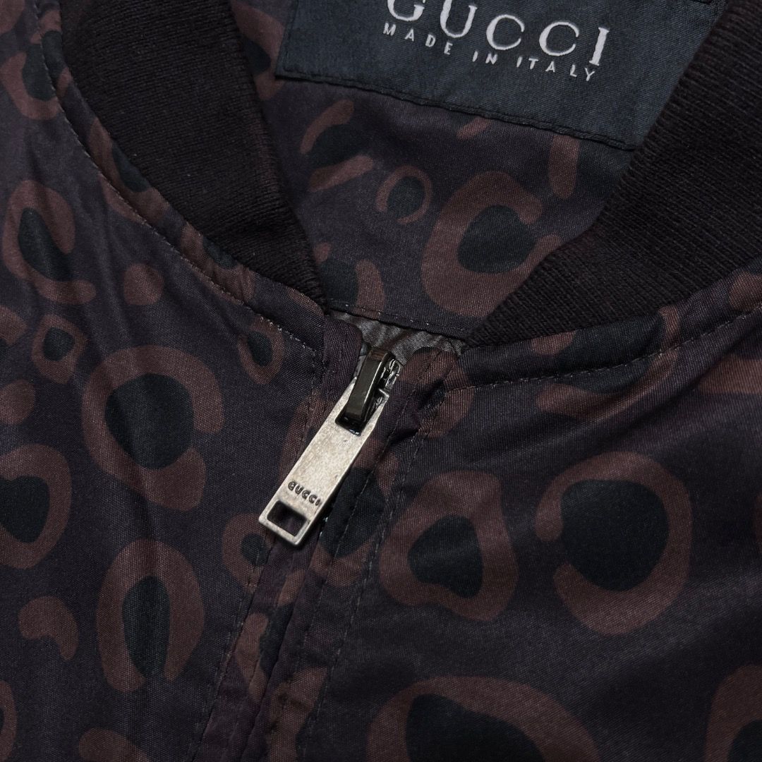 Gucci Tom Ford Bomber Jacket Brown Pattern (Category: Coats, Jackets and Outerwear) located in Caloocan City. Submitted by achilles_grails (Listing ID 1470594681, Image 3). Description: - Gucci bomber jacket with striking dark brown animal print - Comfortable black ribbed collar, cuffs, and hem - Secure front zip closure - Clean interior lining with official Gucci branding and model code 318182 Z7773 - Premium designer piece, perfect for making a