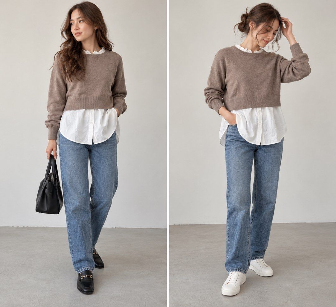 Hareiro Layered Knit Top (Category: Coats, Jackets and Outerwear) located in Bambang. Submitted by mythriftstyle (Listing ID 1470591676, Image 3). Description: Chic Japanese-style layered top in a classy taupe brown shade, paired with a white shirt hem for an effortless, minimalist look.🤎 • Size: M • Color: Taupe Brown • Fabric: Nylon, rayon & polyester • Style: Casual / Smart Casual Perfect with denim jeans, black loafers, or white sneakers. ✨.