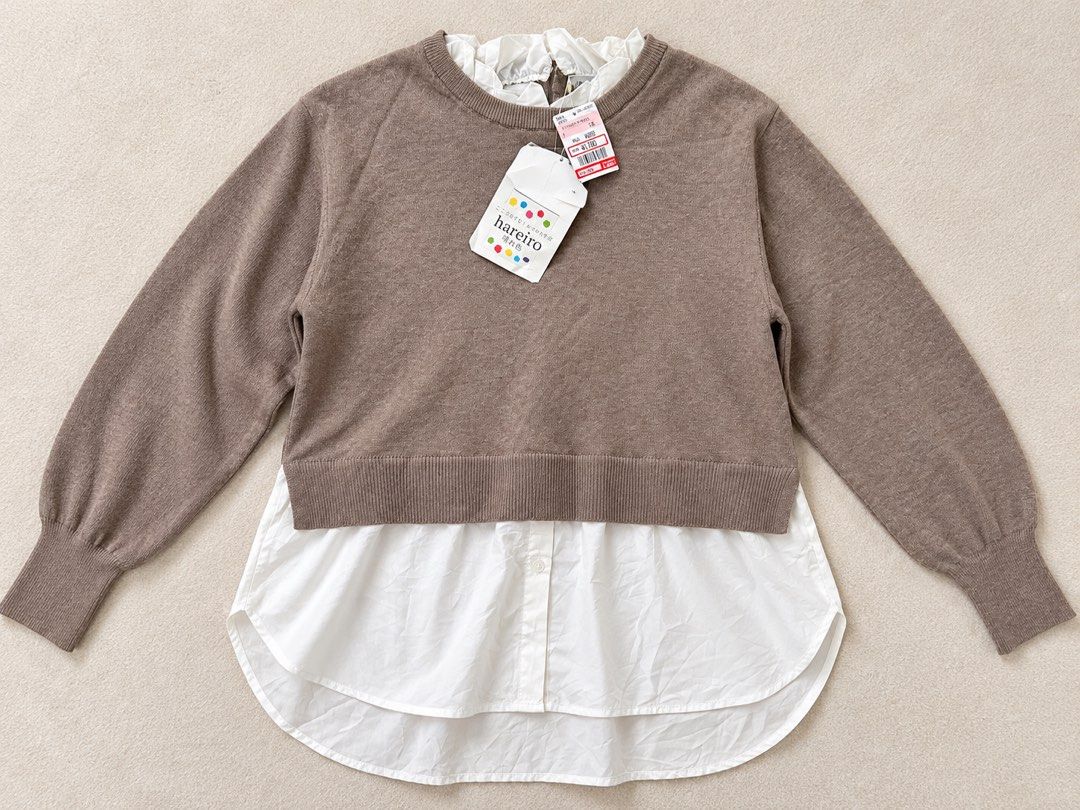 Hareiro Layered Knit Top (Category: Coats, Jackets and Outerwear) located in Bambang. Submitted by mythriftstyle (Listing ID 1470591676, Image 1). Description: Chic Japanese-style layered top in a classy taupe brown shade, paired with a white shirt hem for an effortless, minimalist look.🤎 • Size: M • Color: Taupe Brown • Fabric: Nylon, rayon & polyester • Style: Casual / Smart Casual Perfect with denim jeans, black loafers, or white sneakers. ✨.