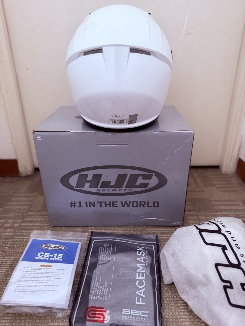 HJC CS-15 Full Face Helmet White Size M (Category: Helmets and other Riding Gears) located in Cainta. Submitted by yarhtennek (Listing ID 1470568275, Image 3). Description: - Brand: HJC CS-15 Full Face Motorcycle Helmet - Quick release - Color: Solid Gloss White - Size: Medium - Certification: ECE 22.05 approved - Condition: Sightly used - Visor: with Pinlock already - Inclusions: Original box, helmet bag, user manual, and a sealed SEC facemask, 
