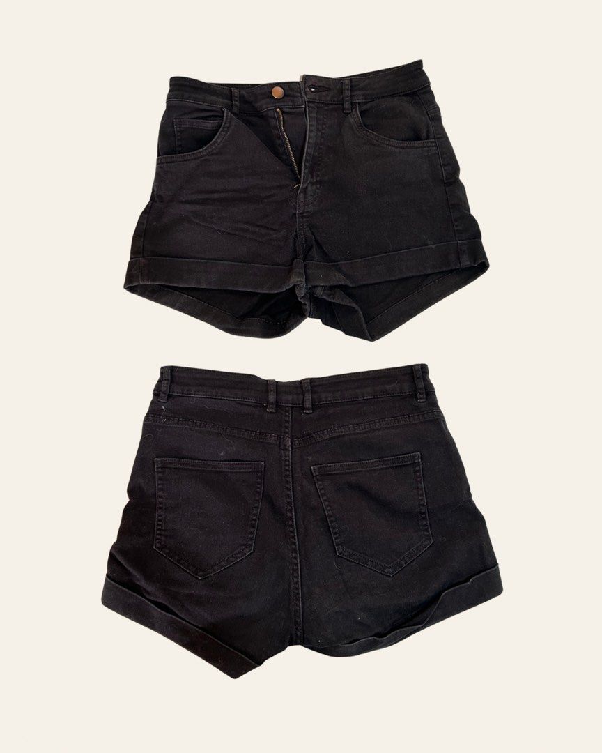 H&M Black Denim Cuffed Shorts (Category: Shorts) located in Paranaque City. Submitted by jackie.g (Listing ID 1470598861, Image 2). Description: - Brand: H&M - Color: Black (Clean dark wash) - Size: EUR 36, US 6, CN 165/68A, MX 6 - Fit: Mid-rise - Style: Cuffed hem, front button and zipper fly - Pockets: 4 pockets total (including 2 back pockets) - Condition: Excellent, ready to wear.