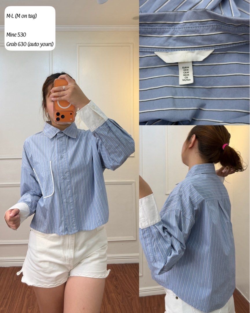 H&M Blue Striped Button-Up Shirt M-L (Category: Tshirts & Polo Shirts ) located in Manila. Submitted by angelll0123 (Listing ID 1470706335, Image 1). Description: - Brand: H&M - Design: Blue and white stripes with contrast white cuffs and front pocket trim - Fit: Relaxed boxy fit, cropped length - Size: Tag says M (fits M to L comfortably) - Price: ₱630 (Grab it now) or ₱530 (Comment 'mine').