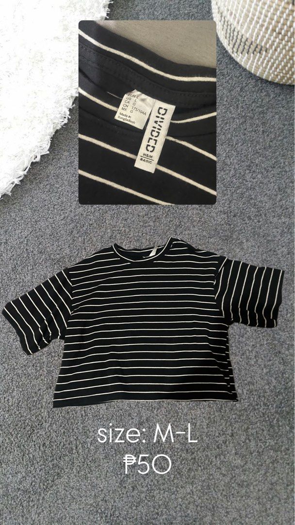 H&M Divided Black and White Striped Cropped Tee (Category: Shirts) located in Manila. Submitted by spryiee (Listing ID 1470562079, Image 1). Description: Black and white striped cropped tee from H&M Divided. Short sleeves, round neckline. Tag says EUR L, US L. Fits more like a extra small to small based on the cut. Soft cotton material. vest top sleeveless with v-neck..