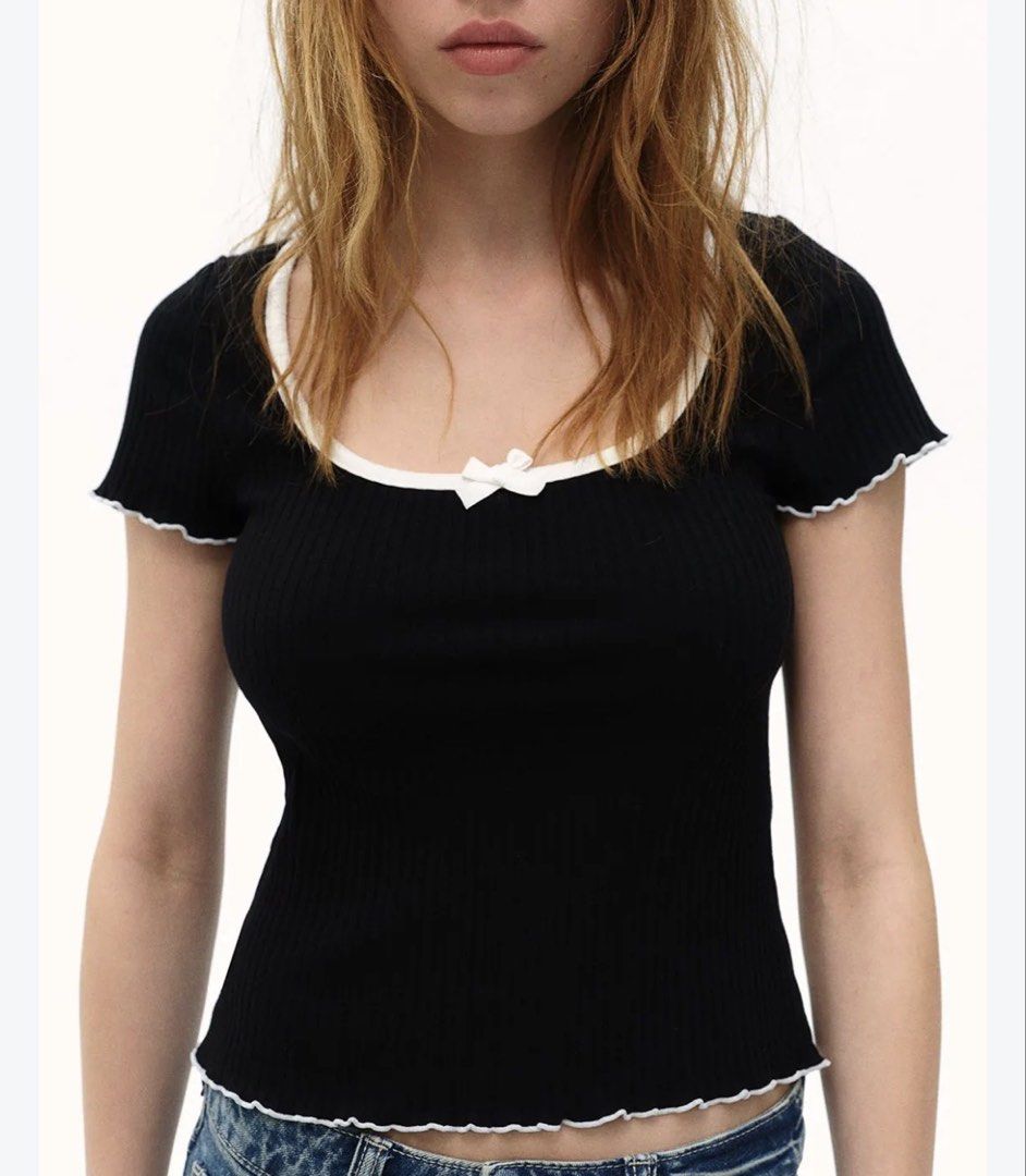 H&M Divided Ribbed Bow Tops Set (Category: Shirts) located in Sorsogon. Submitted by jonacel (Listing ID 1470676367, Image 2). Description: - Brand: H&M Divided - Set of 2 ribbed tops (Black with white trim, Light blue with black trim) - Size: M - Details: Scoop neck with mini bows, trendy lettuce hem on sleeves and hemline - Condition: Great as daily basic wear - Take both for 250 - Each for 150.