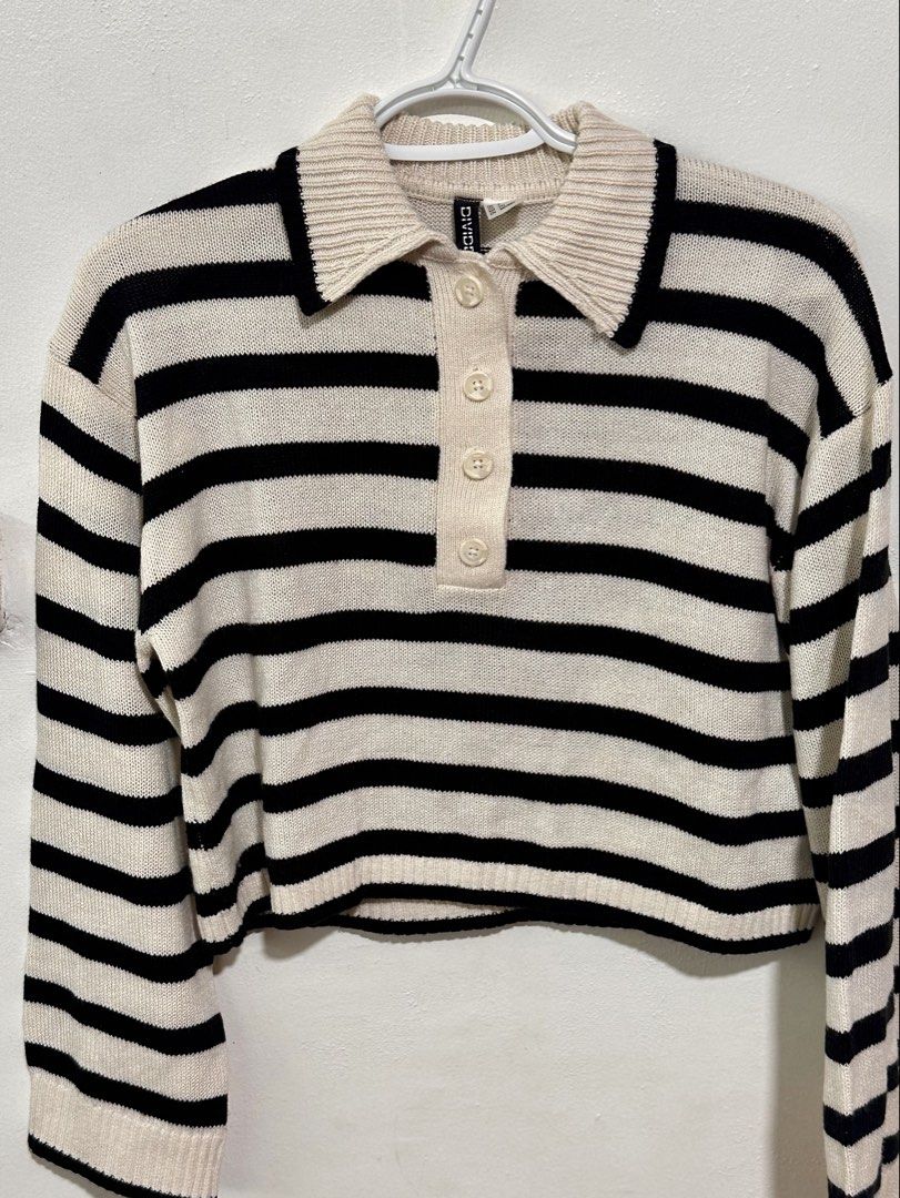 H&M Divided Striped Polo Sweater (Category: Others Tops) located in Makati City. Submitted by sophrosyne_ph (Listing ID 1470565968, Image 2). Description: 🌸 good as new, rarely used 🌸 cropped, long-sleeves knit top 🌸 slightly loose, can fit up to medium rfs: decluttering.