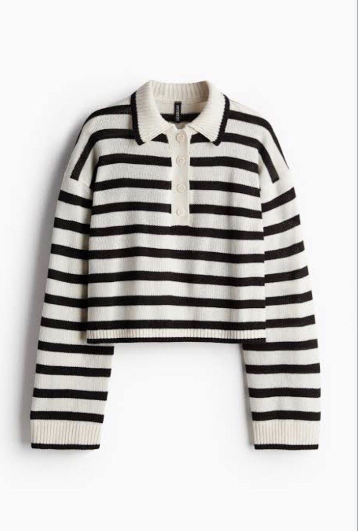 H&M Divided Striped Polo Sweater (Category: Others Tops) located in Makati City. Submitted by sophrosyne_ph (Listing ID 1470565968, Image 1). Description: 🌸 good as new, rarely used 🌸 cropped, long-sleeves knit top 🌸 slightly loose, can fit up to medium rfs: decluttering.