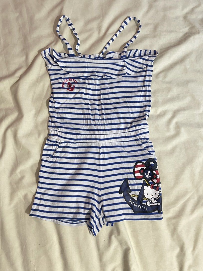 H&M Hello Kitty Blue Stripe Romper Size 6-8Y (Category: Babies & Kids Fashion) located in Iba. Submitted by wealtheallymari99 (Listing ID 1470715281, Image 1). Description: - Brand: H&M - Design: Blue & white stripes with Kitty graphics - Details: Strappy shoulders, ruffled top layer, elastic waist, and two front pockets - Size: EUR 122/128, US 6-8Y, AUS 7-8 - Origin: Made in Cambodia - Condition: Great for casual wear and daily adventures!.