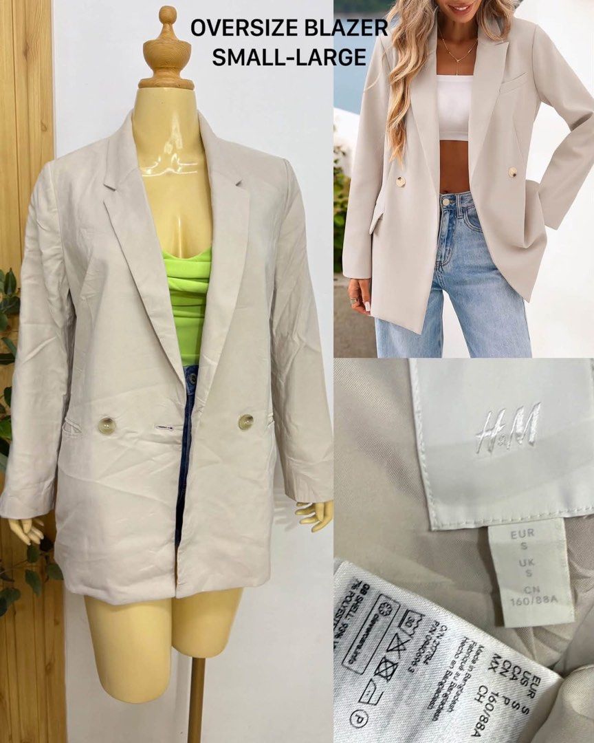 H&M Oversize Beige Blazer Size S (Category: Coats, Jackets and Outerwear) located in Tagum. Submitted by bernardino49694 (Listing ID 1470586860, Image 1). Description: - Brand: H&M - Color: Neutral beige - Size: EUR/UK S (fits up to Medium/Large due to oversized cut) - Style: Double-breasted, relaxed fit with front buttons and side pockets - Condition: Great for layering over tops and crop tops.