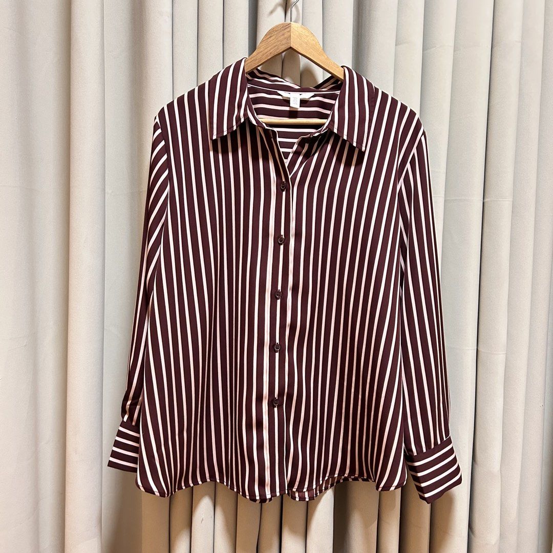 H&M Stripe Maroon Striped Longsleeves (Category: Blouses) located in Rizal. Submitted by from99abovecloset (Listing ID 1470612499, Image 1). Description: Size: 2XL Armhole (laid flat):12” Bust (around): 54” Length (laid flat): 28” Silky poly | loose | never used | bought this 1450 @H&M.