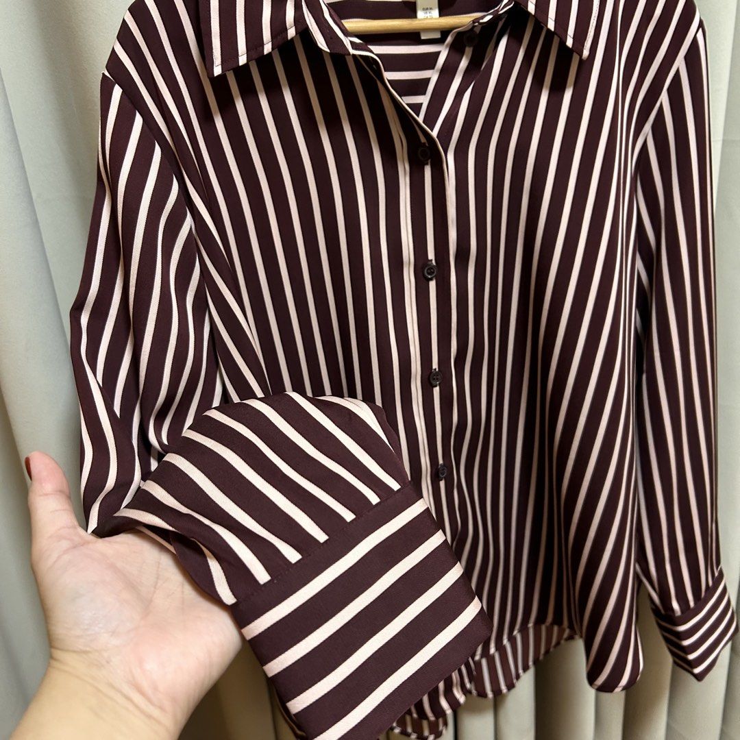 H&M Stripe Maroon Striped Longsleeves (Category: Blouses) located in Rizal. Submitted by from99abovecloset (Listing ID 1470612499, Image 2). Description: Size: 2XL Armhole (laid flat):12” Bust (around): 54” Length (laid flat): 28” Silky poly | loose | never used | bought this 1450 @H&M.