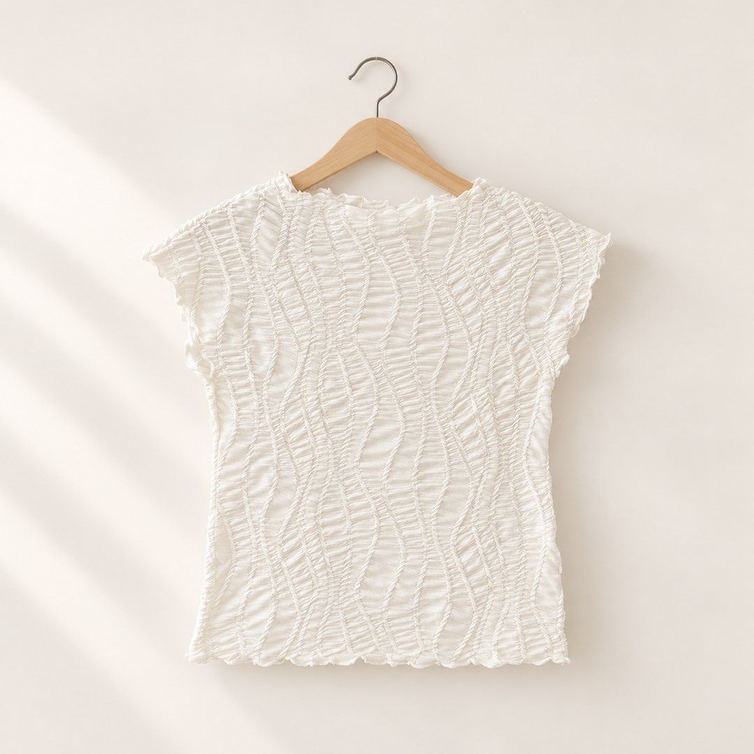 H&M White Textured Short Sleeve Cropped Blouse (Category: Blouses) located in Quezon City. Submitted by mspgarcia (Listing ID 1470742284, Image 2). Description: Used once or twice 🫶🏻 Length: 43cm Waist: 31cm .