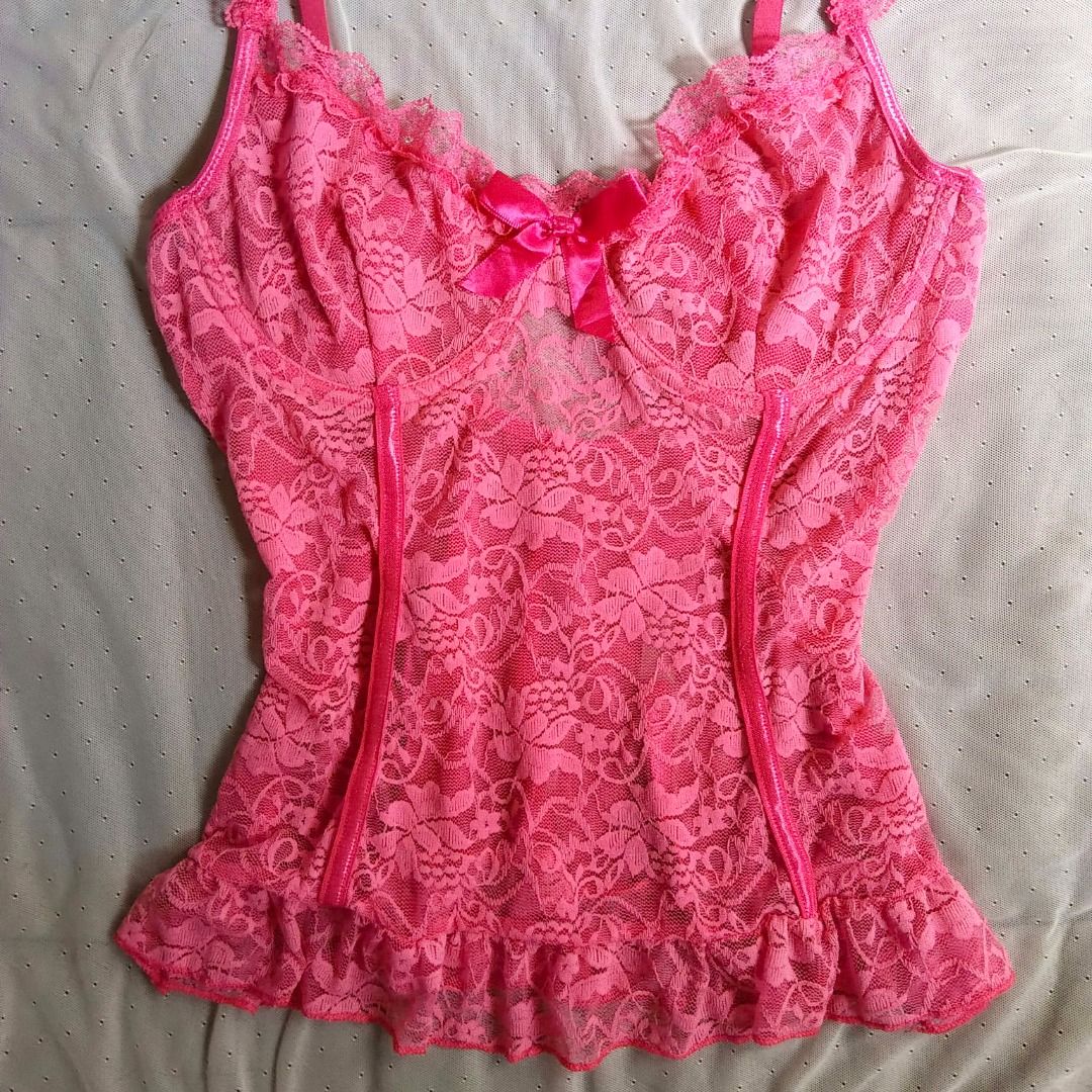 Hot Pink Lace Cami Corset (Category: Sleeveless) located in Manila. Submitted by electricpetals (Listing ID 1470703741, Image 3). Description: - Size: XS-S - Details: Satin ribbon bow at the bust, ruffled trim on edges and hem - Straps are adjustable and ruffled - Condition: Brand new / Excellent - Mode of Payment: GCash, BPI, or Bank Transfer - Shipping: Via J&T Express or Same-Day Delivery (Metro Manila only).