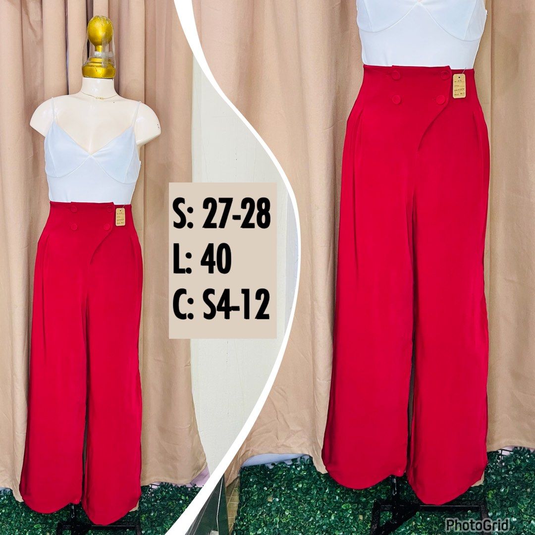 Hot Red Trouser Pants| S: 27-28 (Category: Jeans) located in Manila. Submitted by bengirlclothing (Listing ID 1470593079, Image 1). Description: - Color: Bright solid red - Size: 26-27 inches - Length: 42 inches - Style: Trendy wide-leg cut, easy to dress up or down .