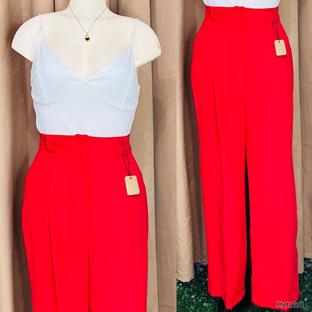 Hot Red Trouser Pants| S: 27-28 (Category: Jeans) located in Manila. Submitted by bengirlclothing (Listing ID 1470593079, Image 2). Description: - Color: Bright solid red - Size: 26-27 inches - Length: 42 inches - Style: Trendy wide-leg cut, easy to dress up or down .