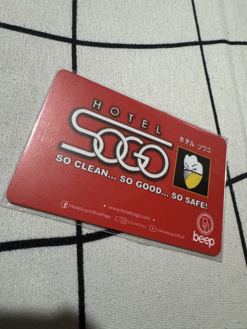 Hotel Sogo Beep Card (Category: Vouchers) located in Manila. Submitted by vasthawk.49abf8 (Listing ID 1470739198, Image 1). Description: - Official Hotel Sogo promotional beep card - Features iconic red background and "So clean... so good... so safe!" branding - Standard credit card size - Comes with a free protective plastic sleeve - Perfect for daily transit (LRT/MRT/BGC Bus) or collection - Covid era released, very rare and for collectibles.