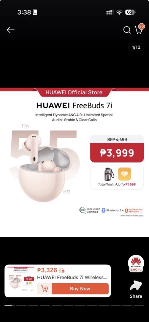 HUAWEI FreeBuds 7i Wireless Earbuds (Category: Earphones) located in Bulacan. Submitted by daryl.suganob (Listing ID 1470625629, Image 3). Description: - Brand new & 100% unopened in original retail box - Intelligent Dynamic ANC 4.0 for superior noise cancellation - Unlimited spatial audio & crystal-clear calls - IP54 dust and water-resistant with a comfortable fit - Seamless dual device connectivity.
