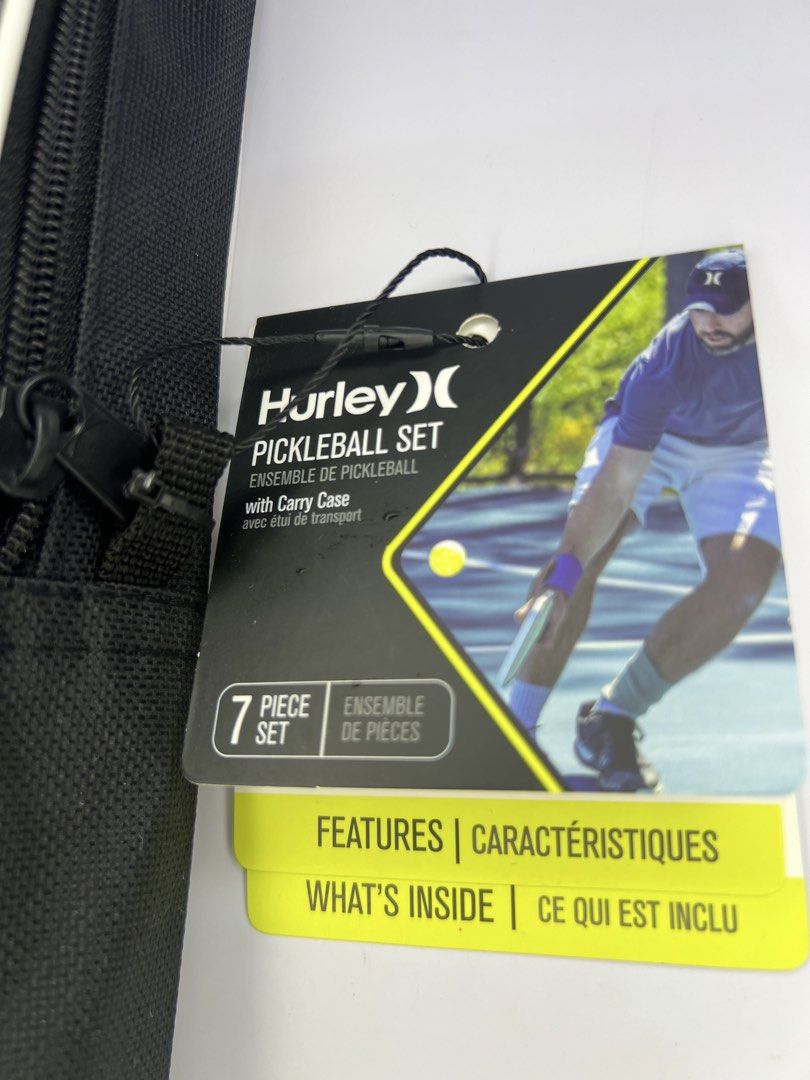 Hurley 7-Piece Pickleball Set with Carry Case (Category: Racket and Ball Sports) located in Quezon City. Submitted by gigisantos (Listing ID 1470623996, Image 2). Description: - Brand: Hurley (Original tags still attached on the strap) - Set Type: Complete 7-piece pickleball set - Paddle: 1x turquoise paddle with great control and feel - Balls: 4x durable yellow pickleballs included - Bag: 1x black-and-white shoulder carry case featuring a handy 