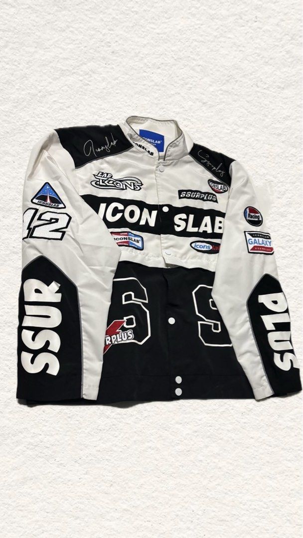 Iconslab Racing Jacket Ssurplus Motocross Jacket (Category: Coats, Jackets and Outerwear) located in General Santos City (Dadiangas). Submitted by choco_apparel (Listing ID 1470684879, Image 1). Description: - Brand/Model: Iconslab Racing Jacket - Color: Classic Black and White - Design: Bold patches, embroidered numbers (12, 6, 9), and Ssurplus branding on chest, sleeves, and back - Closure: Zip and snap front with a stand-up snap-button collar 