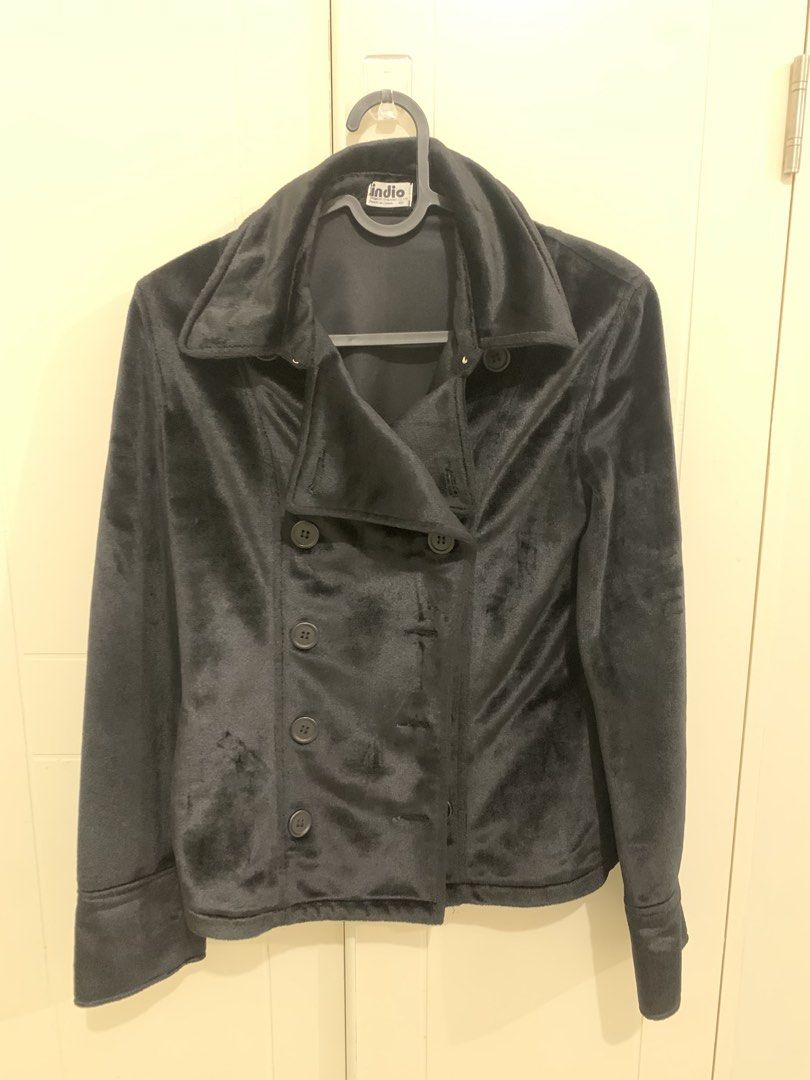 Indio Black Velvet Double-Breasted Jacket (Category: Coats, Jackets and Outerwear) located in Pasig City. Submitted by lovedbyri (Listing ID 1470676359, Image 3). Description: - Brand/Style: Indio Black Double-Breasted Velvet Jacket - Material: Soft, premium velvety fabric with full lining - Design: Large lapel collar, dark front buttons, and cuff details - Fit: Structured cut with back panel seams for a flattering silhouette - Versatility: Easy 