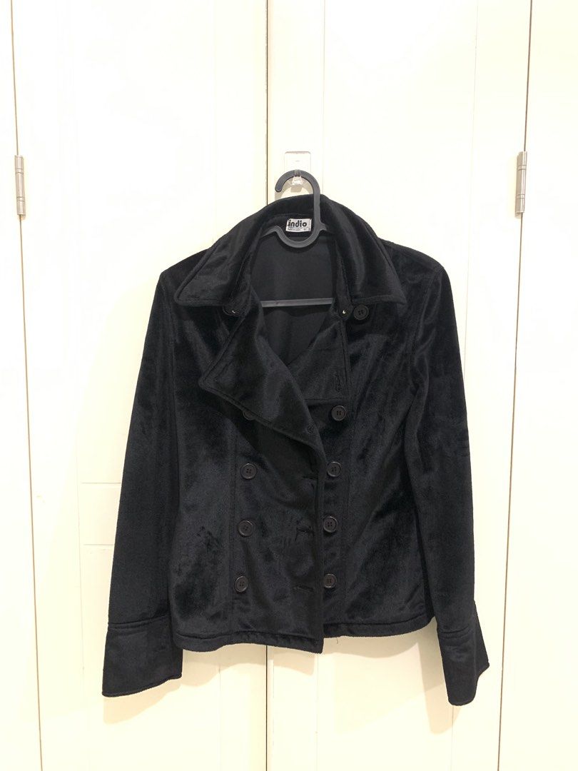 Indio Black Velvet Double-Breasted Jacket (Category: Coats, Jackets and Outerwear) located in Pasig City. Submitted by lovedbyri (Listing ID 1470676359, Image 1). Description: - Brand/Style: Indio Black Double-Breasted Velvet Jacket - Material: Soft, premium velvety fabric with full lining - Design: Large lapel collar, dark front buttons, and cuff details - Fit: Structured cut with back panel seams for a flattering silhouette - Versatility: Easy 