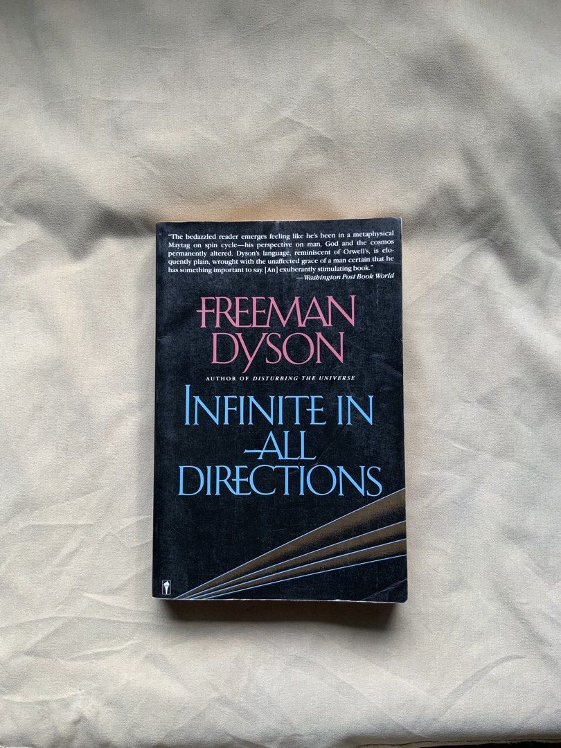 Infinite in All Directions by Freeman Dyson (Category: Storybooks) located in Manila. Submitted by benjchpages (Listing ID 1470622229, Image 1). Description: - Title: Infinite in All Directions - Author: Freeman Dyson - Publisher: Harper & Row - Format: Paperback - Genre: Science, religion, and philosophy (collection of lectures) - Condition: Cover shows minor shelf wear and light spine creasing; pages are intact, clean, and fully readable.