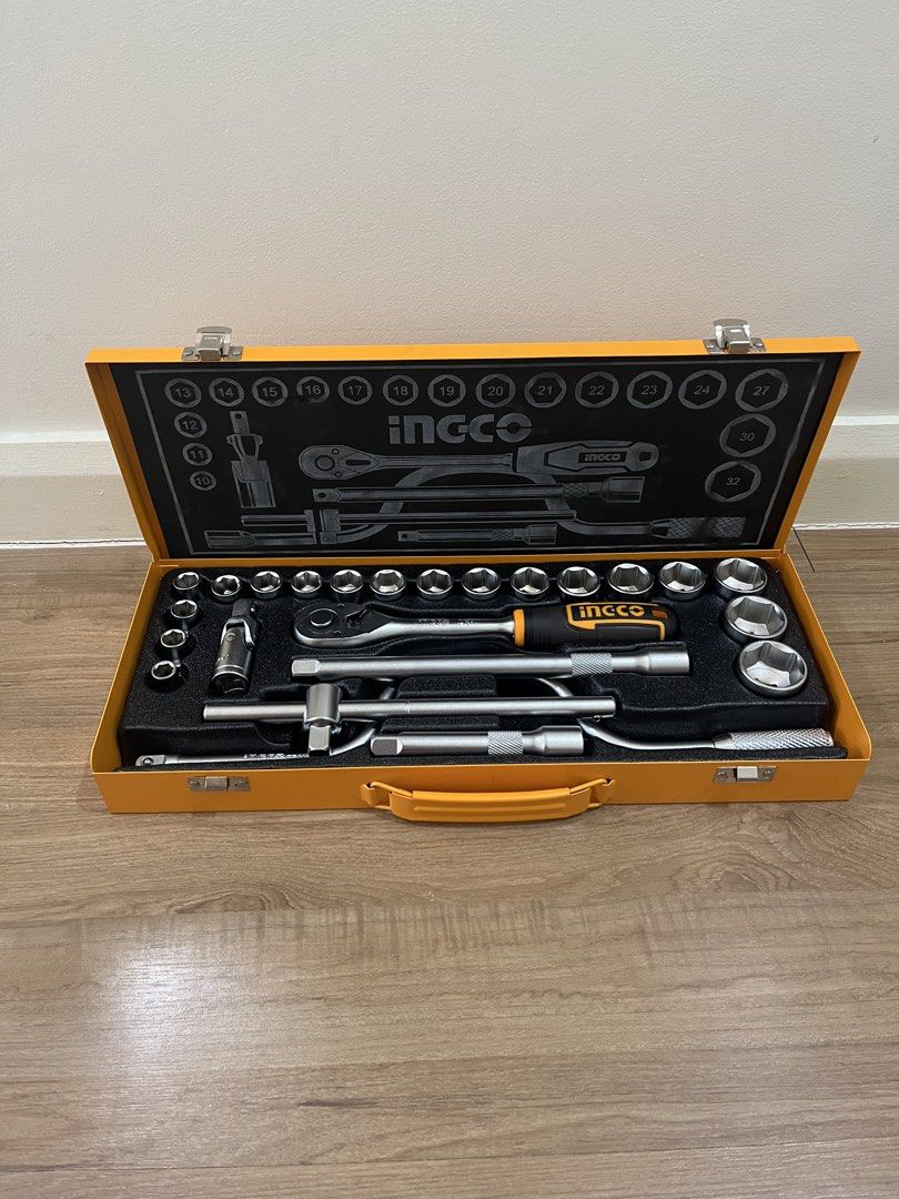 Ingco 24Pcs 1/2" Socket Set (Category: Construction Tools & Equipment) located in Quezon City. Submitted by knepler_rylan (Listing ID 1470565561, Image 1). Description: Used only a few times Rfs: moving - Brand new Ingco 24-piece 1/2-inch socket set - Includes 10mm to 32mm socket sizes for versatile tasks - Comes with ratchet handle, sliding T-bar, extension bars, and universal joint - Sturdy yellow metal carry case with secure latches - Molded f
